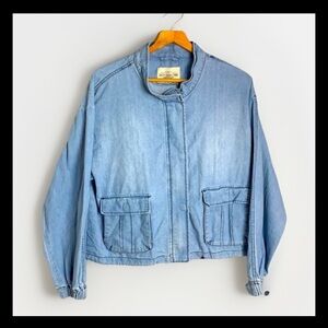 Denim Jacket Light Wash Costal Grandma Chic Casual Relax Cargo Pockets XL